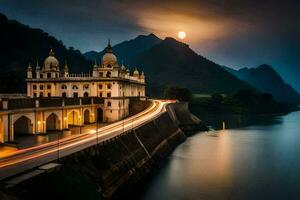 il Luna sorge al di sopra di il fiume e un' costruzione. ai-generato foto