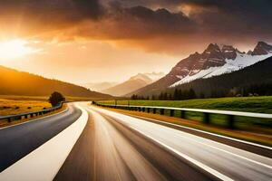 un' strada nel il montagne con un' tramonto. ai-generato foto