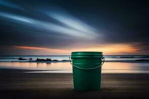 un' verde secchio su il spiaggia a tramonto. ai-generato foto