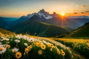 il sole sorge al di sopra di il montagne e fiori nel il primo piano. ai-generato foto