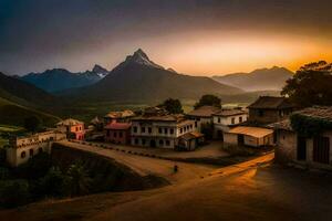 un' villaggio nel il montagne a tramonto. ai-generato foto