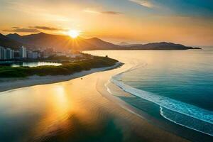 il sole imposta al di sopra di il spiaggia e montagne nel rio de janeiro, brasile. ai-generato foto