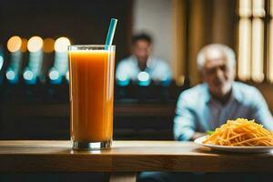 un' uomo seduta a un' tavolo con un' bicchiere di arancia succo e un' piatto di pasta. ai-generato foto