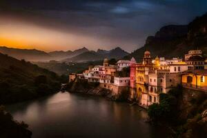 il tramonto al di sopra di il cittadina di udaipur, rajastan. ai-generato foto