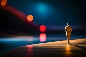 un' uomo nel un' completo da uomo passeggiate lungo un' spiaggia a notte. ai-generato foto