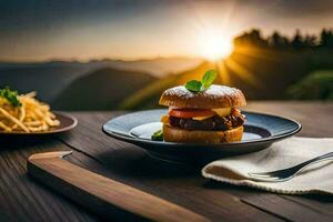 un' hamburger e patatine fritte su un' piatto con il sole ambientazione dietro a esso. ai-generato foto