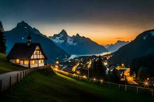 un' Casa nel il montagne a crepuscolo. ai-generato foto