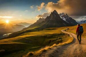 un' uomo passeggiate lungo un' sporco strada nel il montagne. ai-generato foto