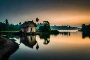 un' piccolo Casa si siede su il riva di un' lago a tramonto. ai-generato foto