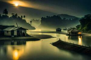 foto sfondo il cielo, acqua, il Luna, il fiume, il montagne, il villaggio,. ai-generato