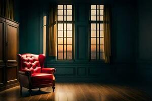 un' rosso sedia si siede nel davanti di un' finestra. ai-generato foto