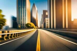 un' sfocato Immagine di un' città strada con un' auto guida su esso. ai-generato foto