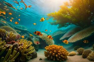 un subacqueo scena con corallo barriere e pesce. ai-generato foto