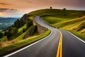 un' avvolgimento strada nel il montagne con un' tramonto. ai-generato foto