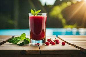 un' bicchiere di lampone succo con un' fetta di lime su un' di legno tavolo. ai-generato foto