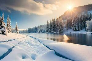 un' nevoso fiume e alberi nel il neve. ai-generato foto