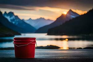 un' rosso secchio si siede su il terra vicino un' lago. ai-generato foto