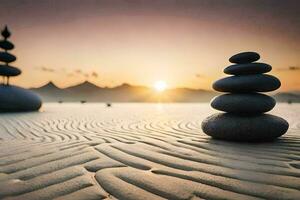un' pila di rocce nel il sabbia a tramonto. ai-generato foto