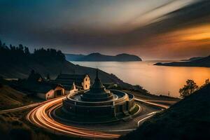 un' tramonto al di sopra di un' piccolo cittadina con un' Chiesa e un' lago. ai-generato foto