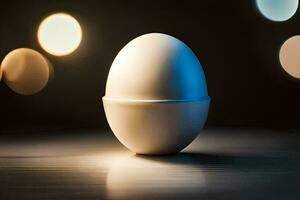 un uovo seduta su un' tavolo con luci dietro a esso. ai-generato foto