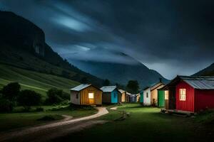 foto sfondo il cielo, montagne, nuvole, il scuro, il montagne, il villaggio, il. ai-generato