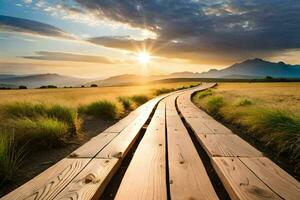 un' di legno sentiero conduce per il sole nel il distanza. ai-generato foto