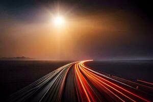 un' lungo esposizione fotografia di un' autostrada a notte. ai-generato foto