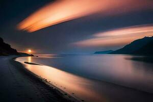 un' lungo esposizione fotografia di un' spiaggia a notte. ai-generato foto