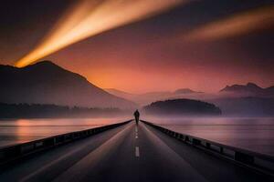 un' uomo sta su un' ponte al di sopra di un' lago a tramonto. ai-generato foto