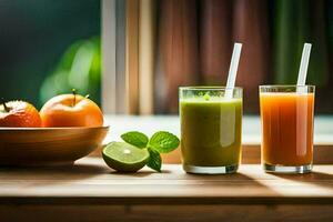 Due bicchieri di succo sedersi su un' tavolo Il prossimo per un' ciotola di frutta. ai-generato foto