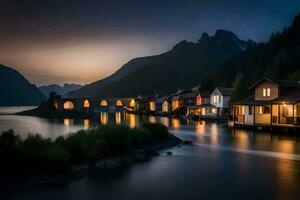 un' lago e case nel il montagne a notte. ai-generato foto