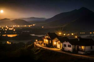 un' Casa nel il montagne a notte. ai-generato foto