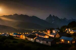 un' villaggio a notte con un' pieno Luna. ai-generato foto