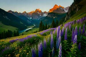 il sole sorge al di sopra di il montagne e il fiori fioritura nel il valle. ai-generato foto