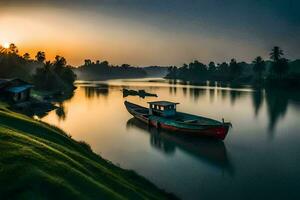 un' barca si siede su il fiume a tramonto. ai-generato foto