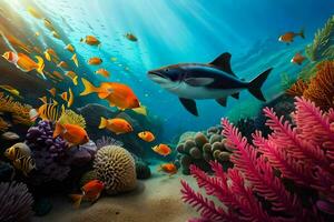 un' pesce nuotate nel il oceano con corallo barriere e pesce. ai-generato foto