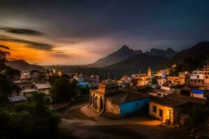 il tramonto al di sopra di un' villaggio nel India. ai-generato foto