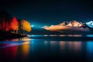 un' lago e montagne a notte con colorato alberi. ai-generato foto