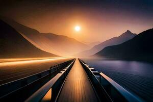 un' lungo ponte al di sopra di un' lago con montagne nel il sfondo. ai-generato foto