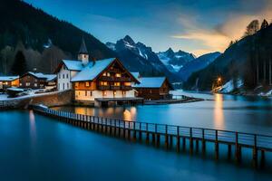 un' lago e un' montagna villaggio a crepuscolo. ai-generato foto