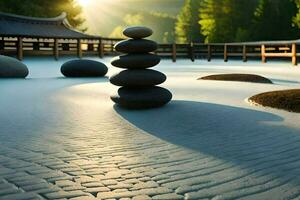 un' zen giardino con pietre e un' di legno recinzione. ai-generato foto