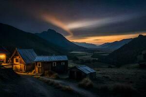 un' cabina nel il montagne a tramonto. ai-generato foto