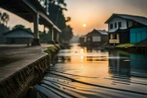 un' canale nel il mezzo di un' villaggio a tramonto. ai-generato foto