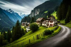 foto sfondo il cielo, montagne, strada, case, alberi, montagne, strada, case,. ai-generato