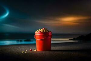 un' secchio di Popcorn su il spiaggia a notte. ai-generato foto