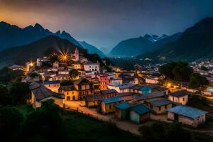 un' villaggio nel il montagne a notte. ai-generato foto