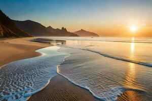 il sole sorge al di sopra di il oceano e il onde su il spiaggia. ai-generato foto