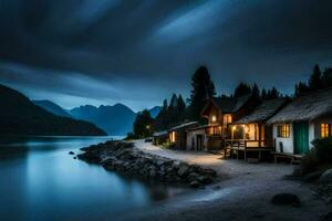 foto sfondo il cielo, montagne, lago, Casa, il scuro, notte, il lago,. ai-generato