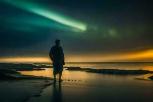 un' uomo in piedi su il spiaggia guardare a il aurora luci. ai-generato foto