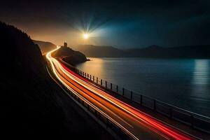 un' lungo esposizione foto di un' auto guida su un' autostrada a notte. ai-generato